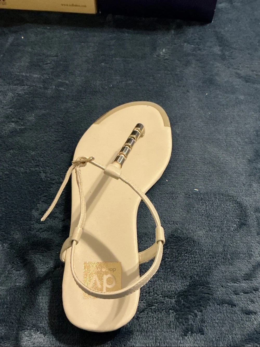 Dolce Vita Cream T-Strap Sandals with Gold Chain Detail